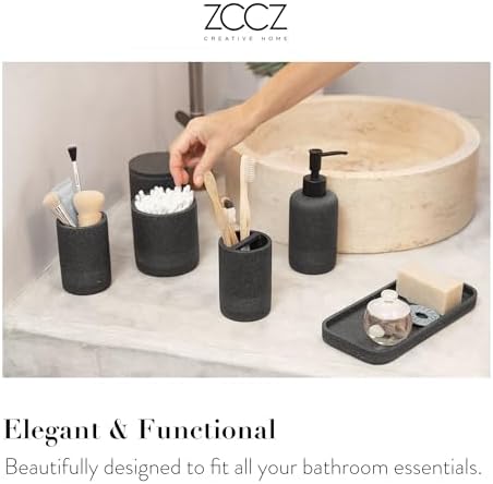 ZCCZ Black Stone Bathroom Accessories Set 6 Pieces - Toothbrush Holder, Lotion Dispenser, Qtip Container, Vanity Tray, Tumbler - Countertop Organizer for Bathrooms - Elegant and Functional Décor Set