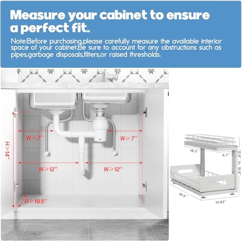 Under Sink Organizer Upgrade To Professional Rails,2-Tier Dual Pull Out Cabinet Storage,Height Adjustable Slide Out Drawers For Bathroom Kitchen,2 Pack-18.5"Dx12.8"-16.9"H,White
