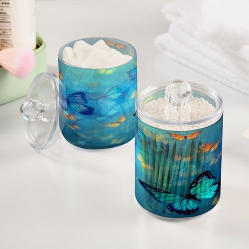 Blue Butterflies Qtip Holder 2 Pack - 10 Oz Clear Plastic Apothecary Jar Set for Bathroom Organization - Versatile Canister Storage for Cotton Balls, Swabs, Rounds