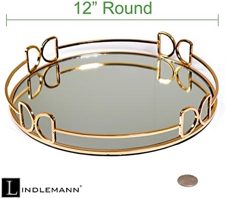 Decorative Tray Metal Mirrored Round Serving Trays with Butterfly Handles Perfume Jewelry Trinket Organizer for Bathroom Vanity Home Décor (Gold, 12")