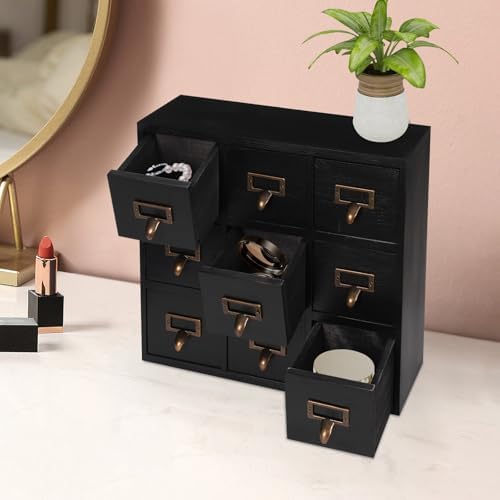 Apothecary Cabinet with 9 Drawers Card Catalog Cabinet, Library Card Catalog Drawer with Metal Handles & Label Slot Wooden Desk Drawer Organizer for Herb Storage, Tea Collection (Black)
