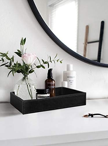 HofferRuffer Faux Leather Vanity Tray, Elegant Desktop Storage Organizer, Decorative Catchall for Perfume, Bathroom Valet, Nightstand or Dresser, Black, 10.2 x 8.4 x 1.8 Inches