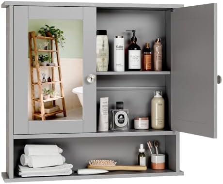 VINGLI Medicine Cabinet with Mirror, Grey Wall Mounted Bathroom Cabinet with Open Shelf, 2-Door Hanging Storage Organizer Over Toilet, Adjustable Shelves for Vanity, Entryway, 22x23 Inch