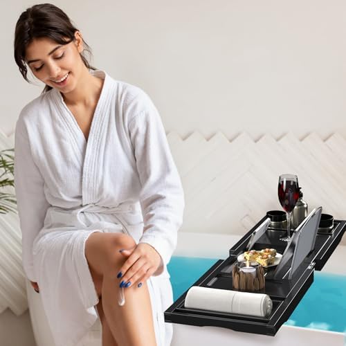 Bathtub Tray Caddy, Expandable Bamboo Bath Tray for Tub