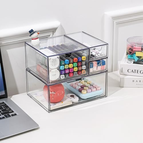 Makeup Drawer Organizer, Desk Drawer Organizer With 4 Drawers, 3 Different Sizes, Suitable For Office Desk, Bathroom, Bedroom, Jewelry, Stationery, Handicraft Storage And Organization, clear