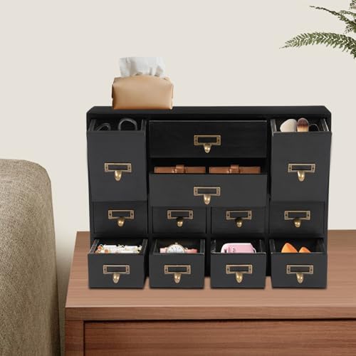 12 Drawers Apothecary Cabinet Library Card Catalog Cabinet Card Catalog Drawer with Metal Handles & Label Slot Wooden Desk Drawer Organizer for Herb Storage, Tea Collection (Black)