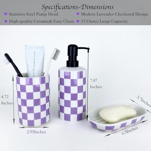 Bathroom Toothbrush Holder Set, Ceramic Soap Dispenser and Tooth Brush Holder& Soap Dish Set 3Pcs, Bathroom Accessories Sets Countertop, Purple Lavender Checkered Bathroom Decor