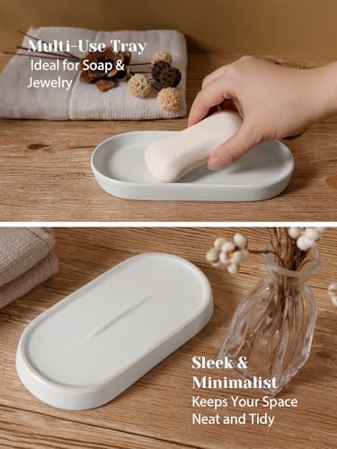 INGOFIN 3 Pcs Ceramic Bathroom Accessory Set - Liquid Soap Dispenser, Toothbrush Holder & Tray, Bathroom Counter Set, Countertop Essentials for Home, Guest Bathroom, or Office Use, White