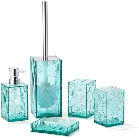 Clear Acrylic Bathroom Accessories Set - Rust-Free, Transparent Design - Includes Soap Dispenser, Toothbrush Holder, Cup, Soap Dish, and Toilet Brush 5-Piece (Teal Blue)