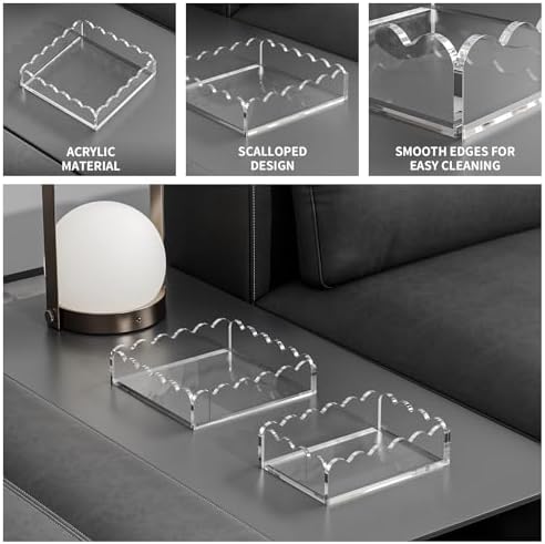 Scalloped Acrylic Tray 2 Pack, Clear Acrylic Decorative Tray for Vanity Jewelry Display, Countertop Organizer Tray for Perfume Makeup, 7 x 5 Inch 8 x 8 Inch Acrylic Organizer for Bathroom Home Decor