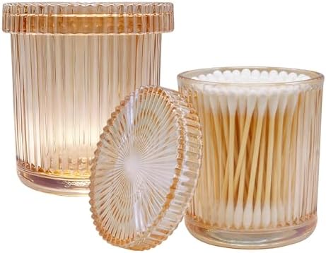 Bathroom Organizers and Storage, 2 Pack Glass Qtip Holder Canisters with Lids, Crystal Clear Apothecary Jars for Cotton Balls, Swabs, Floss, Candy & Makeup Pads (Amber)