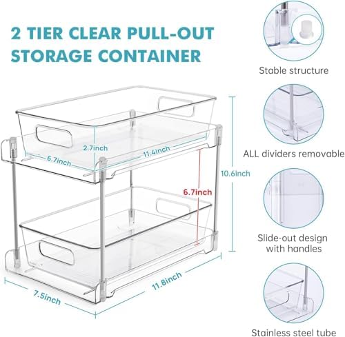 4 Pack Clear Bathroom Organizers and Storage, 2 Tier Pull Out Under Sink Cabinet Organizer Plastic Drawer Organization and Storage for Bathroom and Kitchen