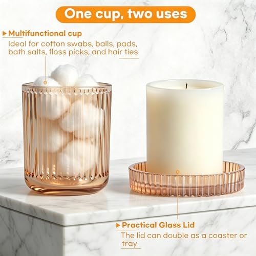 2 Pack Ribbed Glass Qtip Holder with Lid, Amber