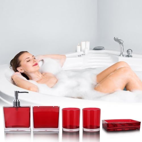 LGURT 5-Pc Red Acrylic Bath Accessories—Dispenser, Dish, Organizer & 2 Cups