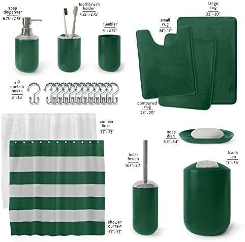 Clara Clark Bathroom Set - Green Bathroom Accessories Set, Bathroom Sets with Shower Curtain and Rugs, 23PC Shower Curtain Set with Liner, Soap Dispenser, Soap Dish, Toilet Brush Holder, and Trash Can