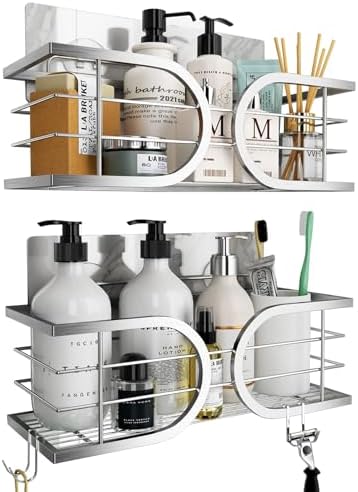 Shower Caddy No Drill Wall Mounted 304 Stainless Steel Durable Large Capacity Adhesive Shower Rack Organiser Quick Dry Rustproof Bathroom Storage Shelves - 2 Pack (Silver)