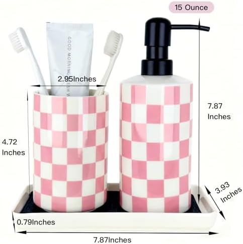 Bathroom Toothbrush Holder Set, Ceramic Soap Dispenser and Tooth Brush Holder Set, Bathroom Accessories Sets Countertop, Girly Pink Checkered Bathroom Decor for Girls Women