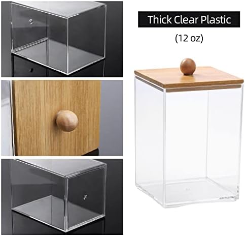 Tbestmax 3 Pack Square Qtip Holder - 12 oz Bathroom Organizers and Storage Containers, Plastic Apothecary Jars with Bamboo Lids for Cotton Ball, Cotton Swab, Floss