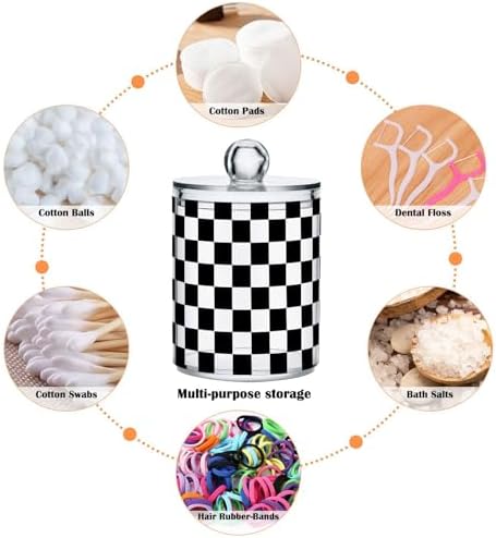 ALAZA 2pcs Black White Checkered Plaid Qtip Holder Dispenser 14 oz Bathroom Storage Clear Apothecary Jars Containers Cotton Ball,Cotton Rounds,Floss Picks, Hair Clips, Food