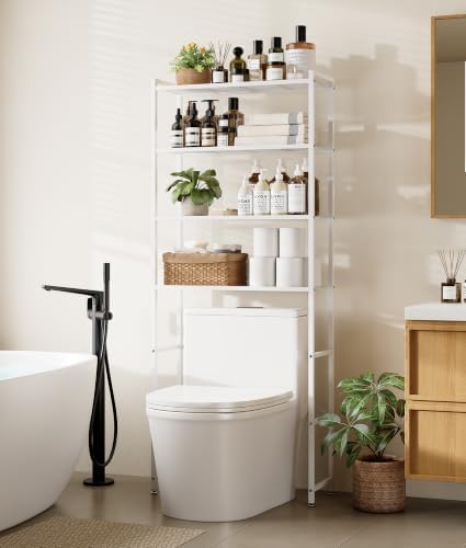 4-Tier Over The Toilet Storage Rack, Bathroom Organizer with One-Piece Metal Mesh Shelves, Over Toilet Shelf with Adjustable Feet & Anti-Tip Kit, Space-Saving Bathroom Storage, White