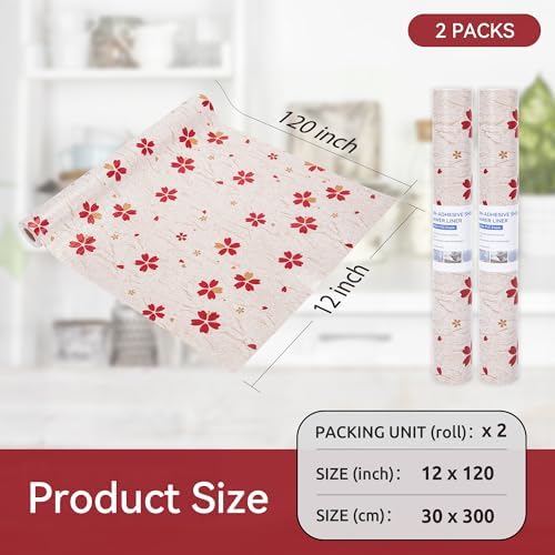 FIFTY FEET 12"x120" Non-Adhesive Shelf Liner for Kitchen Cabinets and Drawers, Washable Non-Slip PVC Cabinet Liner (Red Floral)(2 Roll)