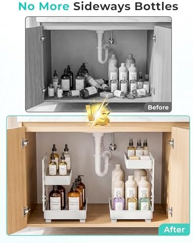 EVERIE Metal Pull Out Slide Shelf Organizer for Framed or Frameless Under Sink CabinetsOrganization in Kitchen, Bathroom, Counter, Cabinets (White, 1 Set)