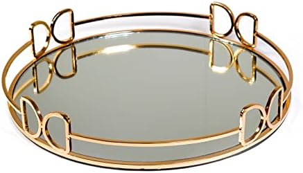 Decorative Tray Metal Mirrored Round Serving Trays with Butterfly Handles Perfume Jewelry Trinket Organizer for Bathroom Vanity Home Décor (Gold, 12")