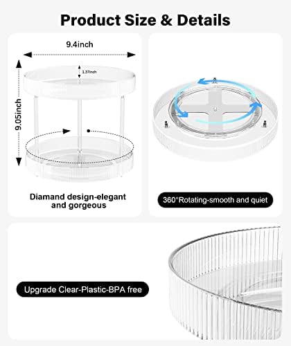 360° Clear Rotating Storage Tray, 2 Tier Lazy Susan Bathroom Countertop Organizer, Cosmetics and Perfume Organizer, Spinning Storage Tray Vanity Organizer Shelf for Bathroom Cabinet, Kitchen(Medium)