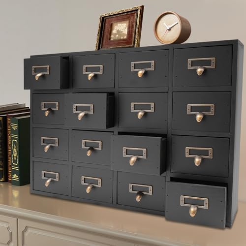 Apothecary Cabinet with 16 Drawers Card Catalog Cabinet, Library Card Catalog Drawer with Metal Handles & Label Slot Wooden Desk Drawer Organizer for Herb Storage, Tea Collection (Black)