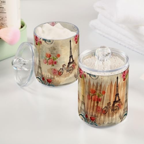 4 Pack Qtip Holder Dispenser with Lids, Eiffel Tower Bicycle Plastic Storage Containers, Bathroom Canisters Organizer for Cotton Swab, Cotton Round Pads, Floss 21215271