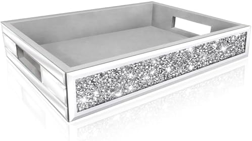 Wocred Mirror Perfume Tray fits Dresser Bedroom,Crushed Diamond Bathroom Tray with Handles，Vanity Tray,Decorative Serving Tray for Coffee Table Decor(14”x 10”x 2.5”)