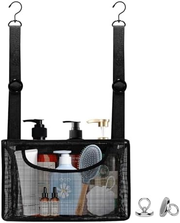 Black PVC Mesh Hanging Shower Caddy with 2 Magnetic Hooks 12"x6"x7"