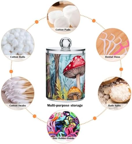 Fustylead 4 Pack Watercolor Colorful Mushrooms in Forest Plastic Apothecary Jar Set for Bathroom Storage, Qtip Holder Dispensers for Cotton Ball, Swab, Round Pads, Floss