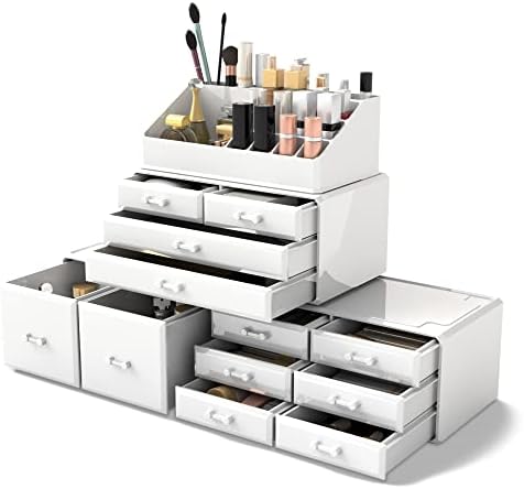 Readaeer Makeup Cosmetic Organizer Storage Drawers Display Boxes Case with 12 Drawers (White)