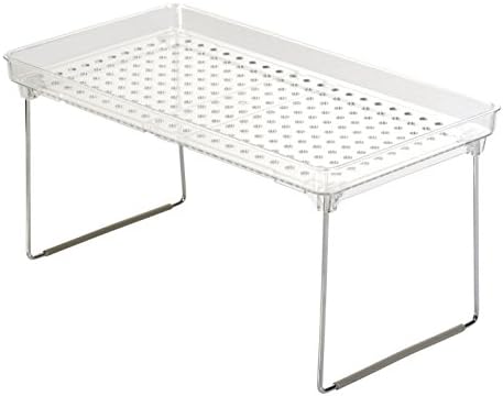 madesmart Medium Stacking Shelf, Organizer for Spices, Make-Up, Bottles & Jars, Collapsible Legs for Cabinet or Counter Storage, Clear