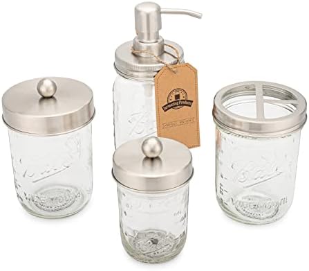 Jarmazing Products Ball Mason Jar Bathroom Gift Set (4 pcs) - Lotion/Soap Dispenser, Toothbrush Holder, Q-Tip Storage Jars - Farmhouse Home Decor for Vanity Organization - Stainless Steel
