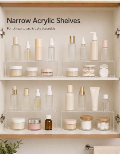 4 Pack Acrylic Medicine Cabinet Organizer, Narrow Bathroom Mirrior Cabinet Storage Shleves, Clear Acrylic Storage Racks for Vanity, Kitchen & RV (11.34×2.95×3.66 inches)