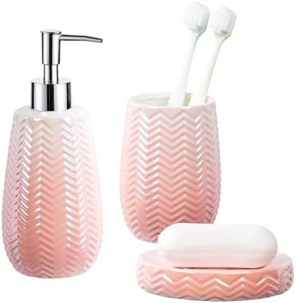 Bathroom Accessories Set, 3 Pcs Pink Ceramic Bathroom Accessories Sets Complete/Lotion Soap Dispenser, Toothbrush Holder, Soap Dish, Bathroom Decor, Gift for Home Apartment
