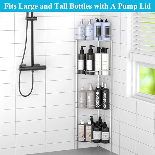 HuggieGems Metal Floor Standing Corner Shower Caddy, Silver, 4 Tier