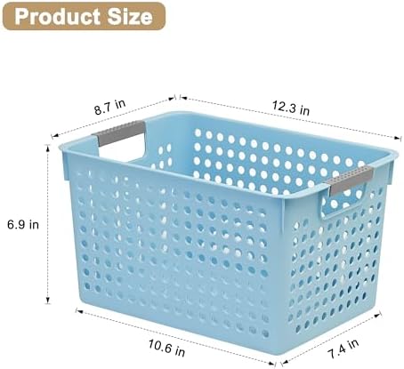Soddeph 4 Pack Plastic Deep Storage Basket with Handles, Cubbies Organizer Bins with Hollow Design for Under Counter, Closet, Kitchen or Bathroom 12.3" × 8.7" × 6.9" (Blue, Medium)