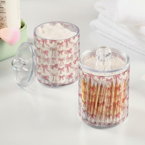 Gredecor 4 Pack Qtip Holder Clear Aesthetic Pink Ribbon Bow Doodle Apothecary Jars with Lids Acrylic Bathroom Jars Vanity Countertop Canister Storage Organizer for Cotton Ball,Swabs,Pads,Floss