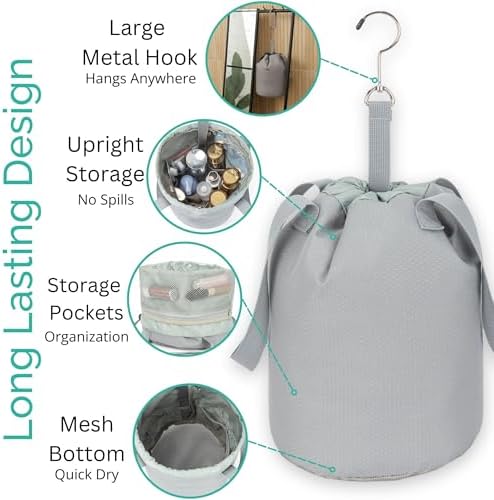 Portable Shower Bag with Drawstring Closure and Breathable Mesh Bottom – Travel Shower Caddy, Foldable Durable Design with Mesh Bottom for Cruise Ship Essentials, College Dorm Shower Caddy (Sage Grey)