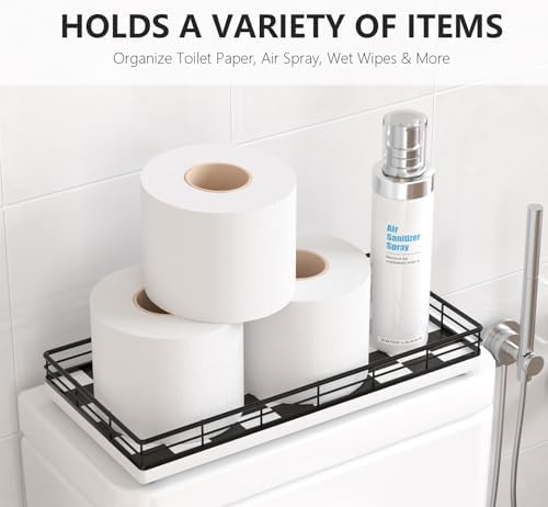 Toilet Paper Basket Organizer, Oak Wood Toilet Tank Tray with Metal Frame