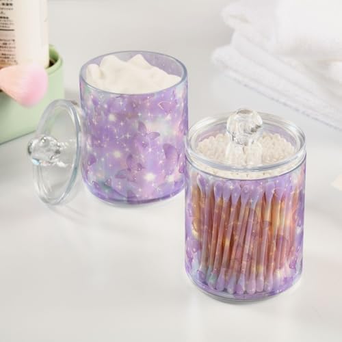 ALAZA 2 Pack Qtip Holder Purple Glitter Butterflies, Cotton Swab Dispenser with Lid Bathroom Containers Canister Organizer Storage Jar