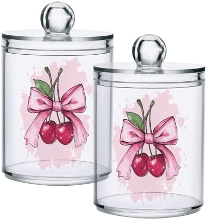 Fustylead 2 Pack Cute Cherry Fruit with Pink Bow Plastic Apothecary Jars with Lid, Bathroom Vanity Storage Organizer Canister for Qtip, Cotton Ball, Swab, Round Pads, Floss