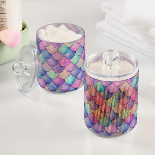 MNSRUU 2 Pack Qtip Holder Organizer Dispenser Colorful Mermaid Scales Bathroom Storage Canister Cotton Ball Holder Bathroom Containers for Cotton Swabs/Pads/Floss