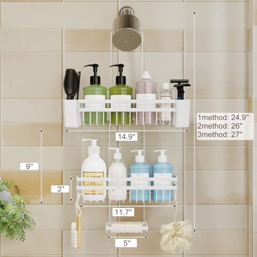 Shower Caddy Hanging for Bathroom Organizers and Storage, 3 Tier Adjustable Anti-Swing Shower Organizer hanging with Heavy-Duty Suction Cups, Damage-Free Rustproof (White)