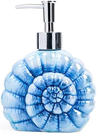 Coastal Ceramic Bathroom Accessory Set - 4 Piece Seashell & Starfish Decor, Includes Soap Dispenser, Toothbrush Holder, Soap Dish & Tumbler, Beach Themed Bath Decor (Blue)