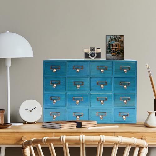 Apothecary Cabinet with 16 Drawers Card Catalog Cabinet, Library Card Catalog Drawer with Metal Handles & Label Slot Wooden Desk Drawer Organizer for Herb Storage, Tea Collection (Blue)
