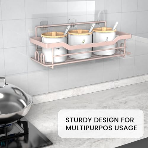 Pink Shower Caddy Shelves Organizer Rack, Single Pack Shower Shelf for Shampoo Soap Bathroom Waterproof Adhesive Holder, No Drilling Wall Mounted